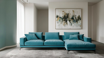 A modern living room interior with a blue couch and a white wall with a painting on it Ai generative.