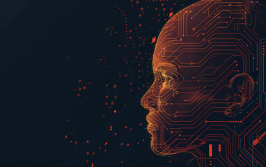 AI (artificial Intelligence) concept. Head side of woman with double exposure of digital immersive AI artificial intelligence interface over black background. Concept of machine learning. Copy space.