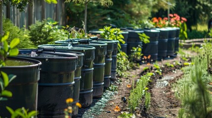 Obraz premium A suburban backyard boasts a simple but effective rain barrel system with multiple barrels lined up and connected to each other with PVC pipes.