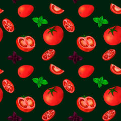 Red tomato and basil, watercolor seamless pattern, on green background. For prints on textile and paper, clothes, plates and dishes design, decoration for kitchen, restaurant menus, recipes, cookbook