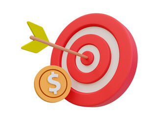3D Illustration of a red target with an arrow and dollar sign symbolizing financial goals and business success.