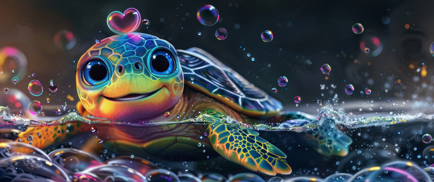 A cartoon turtle with a rainbow shell smiles as it swims through a sea of vibrant bubbles