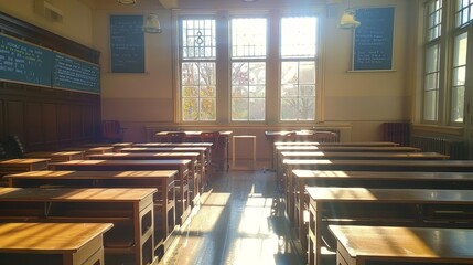 Pristine classroom with neat rows of wooden desks, softly lit by sunlight, capturing a tranquil, quiet moment
