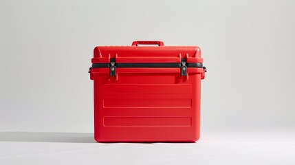 Pristine red cooler box against a white backdrop, focus on design and usability, product photography