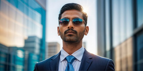 indian man in a suit and tie is standing in front of a glass building. He has dark hair and is wearing sunglasses.