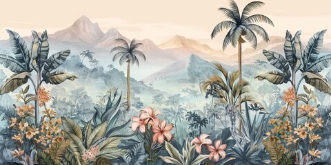 Tropical forest landscape wallpaper design - Mural wallpaper - 3D illustration. AI generated illustration