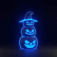 Jack-o-Lantern pumpkins wearing witch hat with bright glowing futuristic blue neon lights on black background. Happy Halloween concept. Traditional october holiday. 3D render illustration