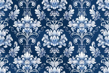 Elegant Floral Damask Pattern in Blue and White
