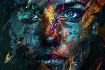 Closeup of an artistic, vividly painted face focusing on a clear blue eye