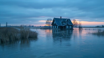 Rural community submerged in floodwaters, farmhouses and fields under water, twilight setting, World Flood concept