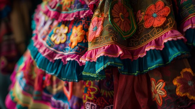 Intimate shot of a Peruvian pollera skirt, detailing the layers and vibrant embroidery for folk dances.