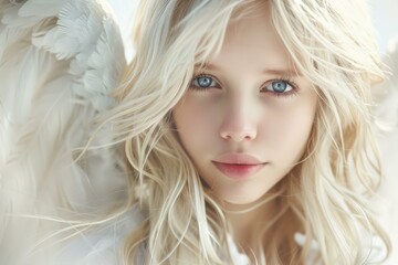 Fototapeta premium Closeup of a dreamy woman with angel wings, embodying purity and innocence