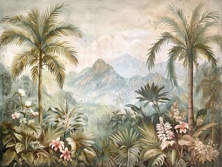 Tropical forest landscape wallpaper design - Mural wallpaper - 3D illustration. AI generated illustration