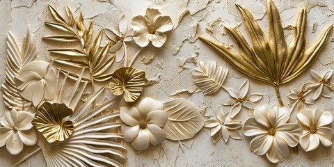Gold floral plants and palm leaves Wallpaper Mural, 3d illustration, grey background, abstract tropical leaves, banana leaves with 3d lines. AI generated illustration
