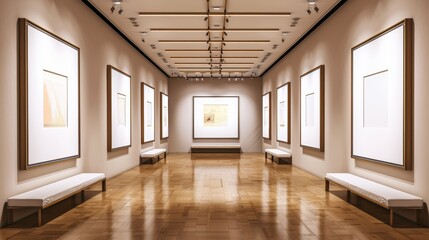 Art gallery setting, vibrant light brown walls, medium blank frames, ideal for eye-catching ads, minimalist and elegant design