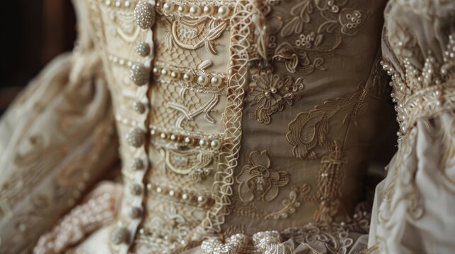 Macro shot of a French noblewoman's gown during the Baroque period, emphasizing the intricate lace and pearl decorations.