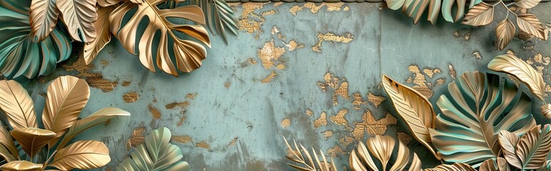 Creative nature gold layout made of tropical leaves. Summer concept. Fern Palm and monstera leaf on wall textures. AI generated illustration
