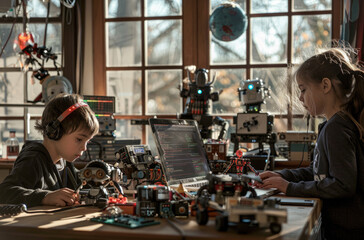 Children and teenagers were learning to program and engineer robots in an interactive workshop or class setting surrounded by circuit boards, computer code