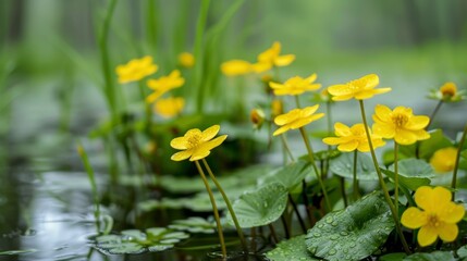 Fototapeta premium Close-up of vibrant yellow flowers in a swamp, detailed view of marsh plants, natural beauty and lush landscape