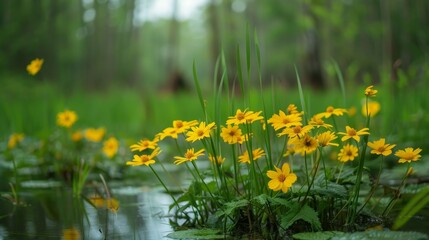 Obraz premium Close-up of vibrant yellow flowers in a swamp, detailed view of marsh plants, natural beauty and lush landscape