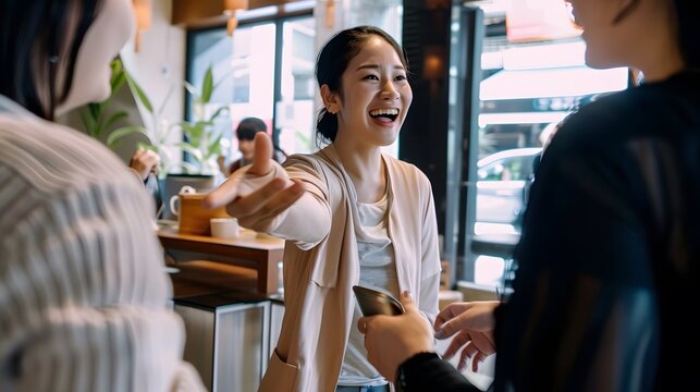 Cheerful woman offering a handshake to colleagues in a casual business setting, highlighting a friendly interaction.