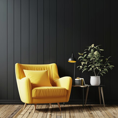 Living room interior has an yellow armchair on empty dark black wall background,Modern wooden living room, Ai generated	
