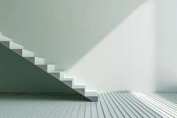 Obraz premium A side view of a stairway with minimal modern design architecture in white color with green tone under light.