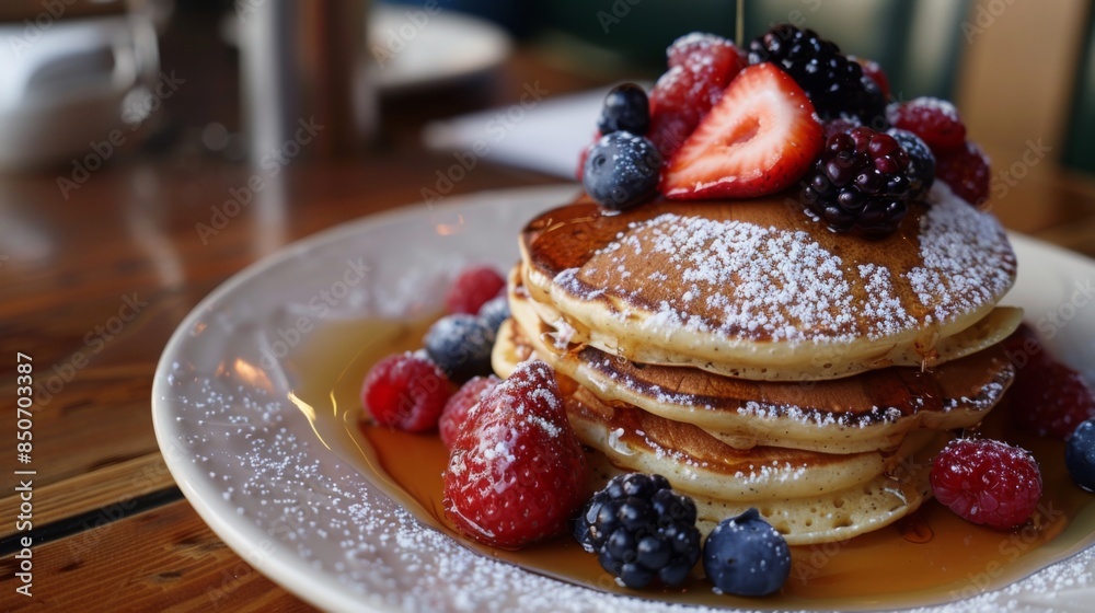 Poster Close-up of a plate of fluffy pancakes served with fresh berries and maple syrup at a cafe