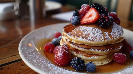 Close-up of a plate of fluffy pancakes served with fresh berries and maple syrup at a cafe