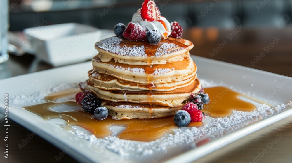 Poster close-up of a plate of fluffy pancakes served with fresh berries and maple syrup at a cafe
