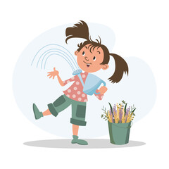 Little girl with garden watering can and flowers in bucket. Illustration, vector