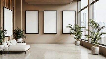 Contemporary gallery with light brown walls, medium blank frames, designed for impactful advertisements, sleek and vibrant design