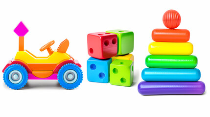 Set of 3 colorful classic toddler cutout or child's toys of car wheels, xylophone and geometric cubes isolated on white.
