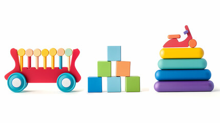 Fototapeta premium Set of 3 colorful classic toddler cutout or child's toys of car wheels, xylophone and geometric cubes isolated on white.