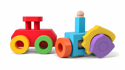 Fototapeta premium Set of 3 colorful classic toddler cutout or child's toys of car wheels, xylophone and geometric cubes isolated on white.