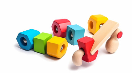 Obraz premium Set of 3 colorful classic toddler cutout or child's toys of car wheels, xylophone and geometric cubes isolated on white.