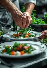 An image shows professional chef's hands plating up a fine dining dish on a white plate. In the background is a modern kitchen with dark grey walls and stainless steel appliances.