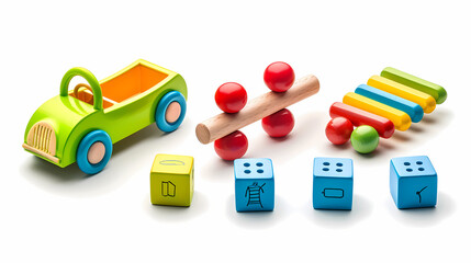 Obraz premium Set of 3 colorful classic toddler cutout or child's toys of car wheels, xylophone and geometric cubes isolated on white.