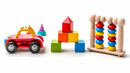 Set of 3 colorful classic toddler cutout or child's toys of car wheels, xylophone and geometric cubes isolated on white.
