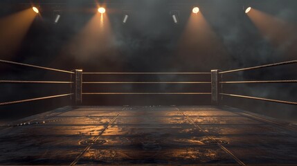 Empty boxing ring under spotlights with a foggy atmosphere, ready for a match in a dimly lit arena.
