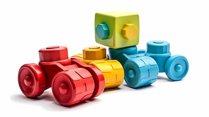 Fototapeta premium Set of 3 colorful classic toddler cutout or child's toys of car wheels, xylophone and geometric cubes isolated on white.