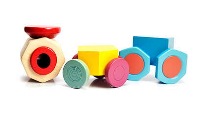 Set of 3 colorful classic toddler cutout or child's toys of car wheels, xylophone and geometric cubes isolated on white.