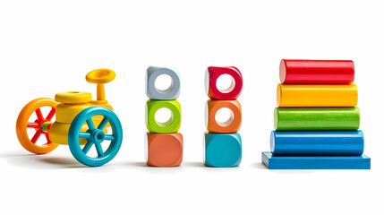 Set of 3 colorful classic toddler cutout or child's toys of car wheels, xylophone and geometric cubes isolated on white.