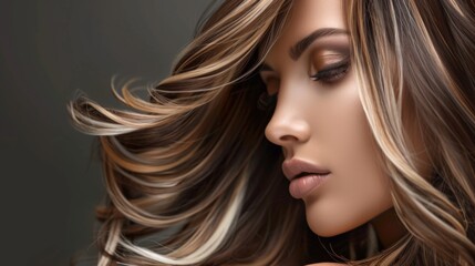 Naklejka premium Close-up of a woman with layered haircut and highlights, showcasing trendy and modern hair trends