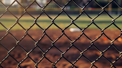 Fototapeta premium Interlocked Metal Wire Fence Barrier on Blurred Landscape Background