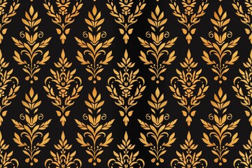 Gold Floral Damask Pattern on Black Background