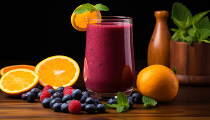 colorful smoothie with mixed berries, oranges, mint leaves, and colored powder 