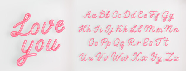 3D Pink Script Alphabet on light background. Cute Cursive Bubble font vector illustration.