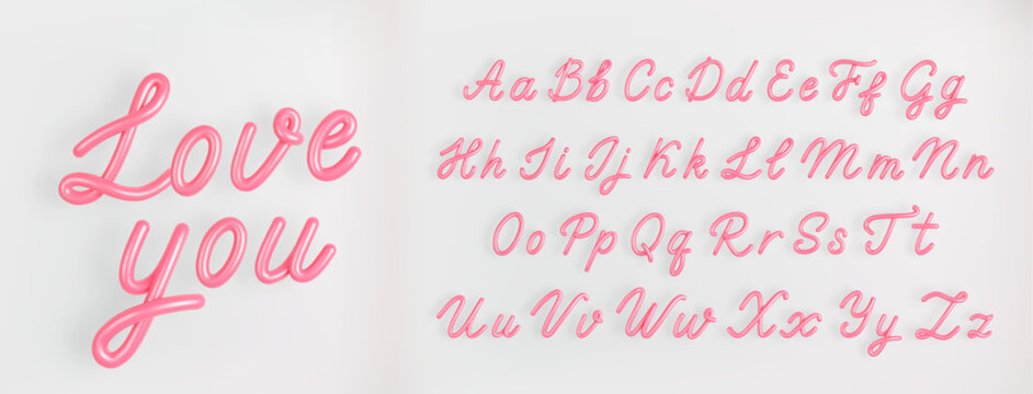 3D Pink Script Alphabet on light background. Cute Cursive Bubble font vector illustration.