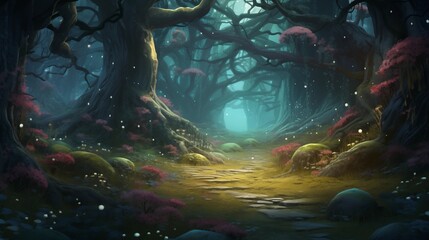 A beautiful enchanted forest with big fairytale trees and great vegetation. Digital Painting Background.
